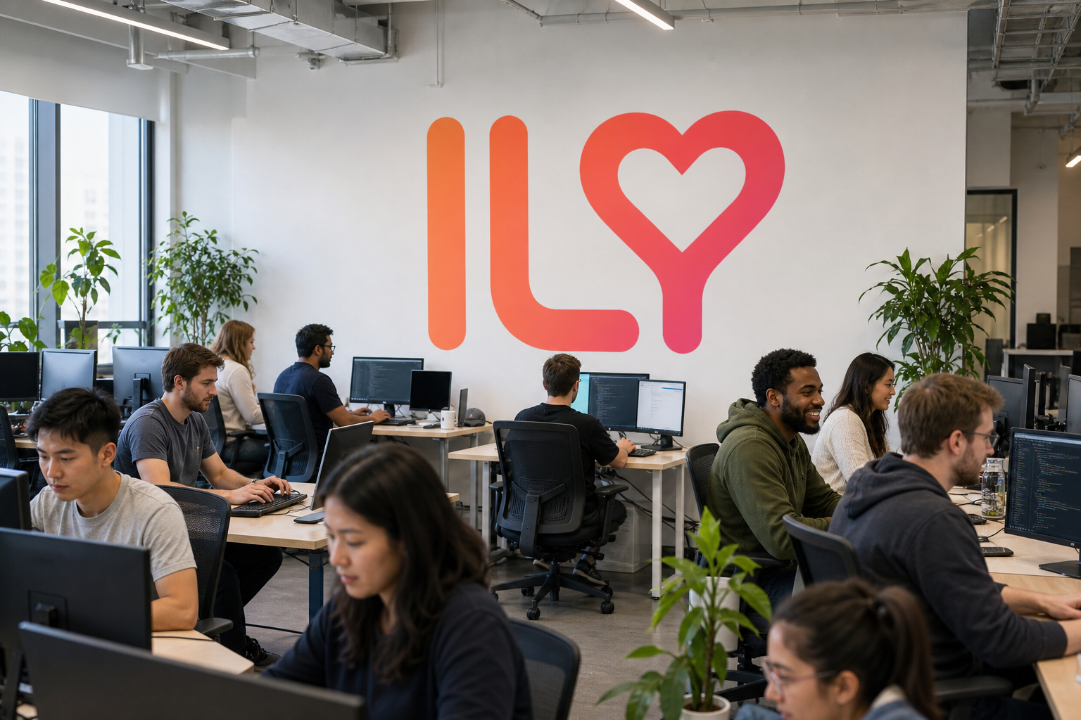ILY engineering team of about a dozen people working at desks in the office, with the ILY logo on the wall