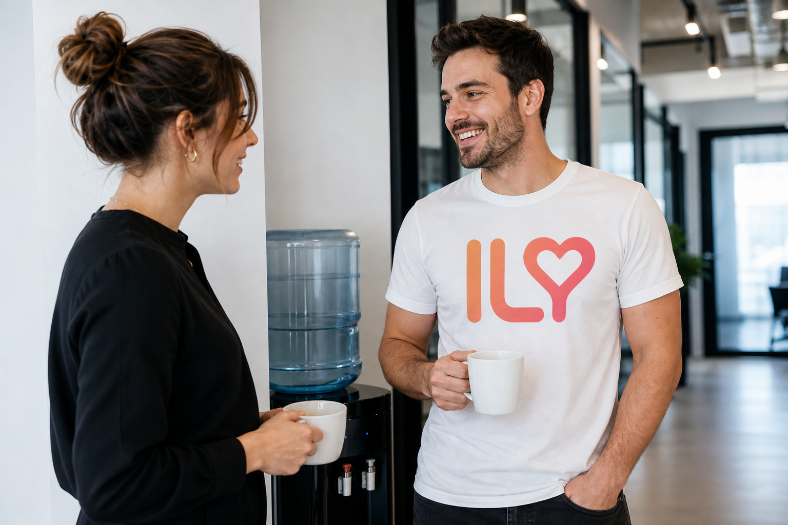 Two ILY teammates talking over coffee by the water cooler, one wearing an ILY logo t-shirt