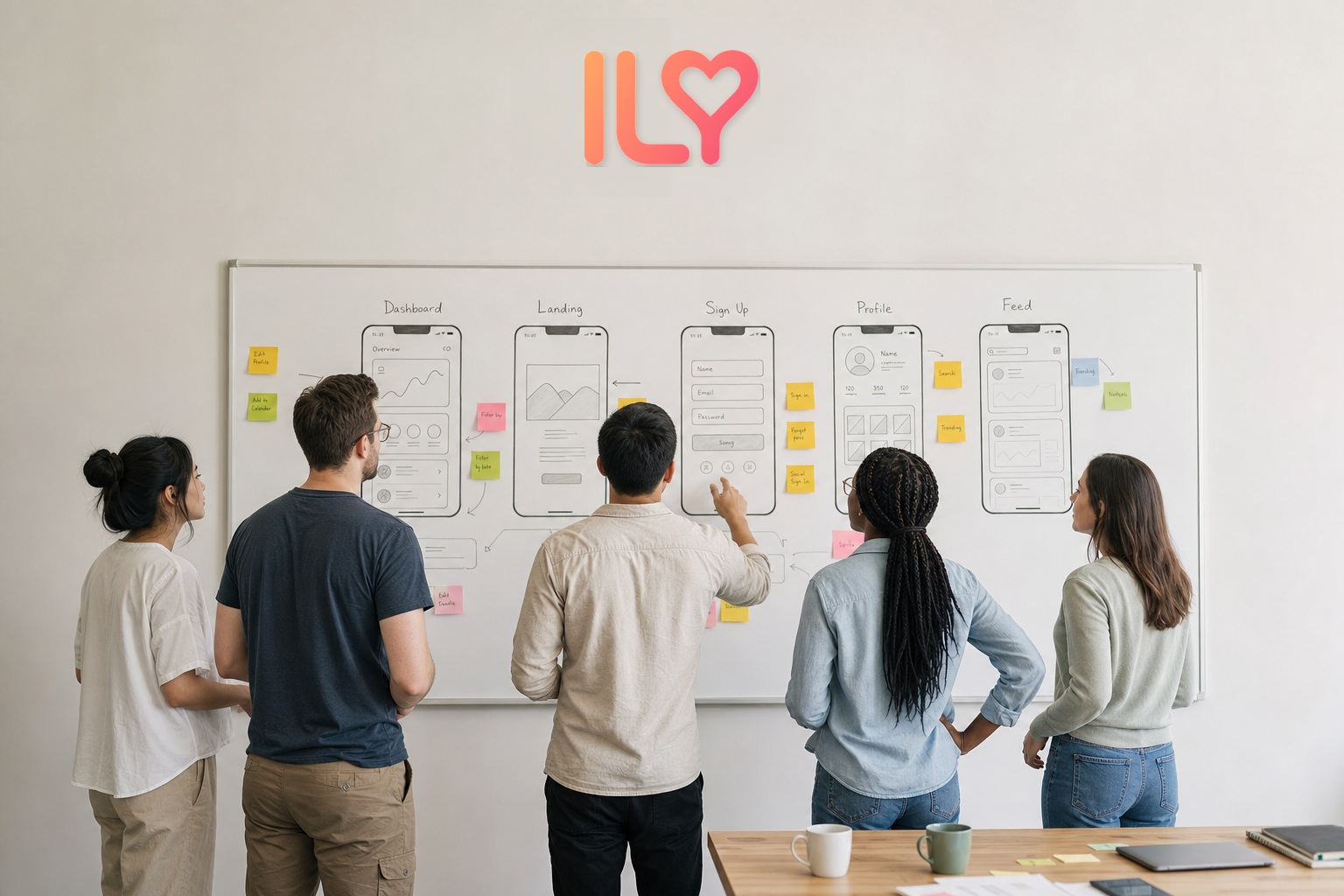 Product and design teammates planning at a whiteboard covered in notes